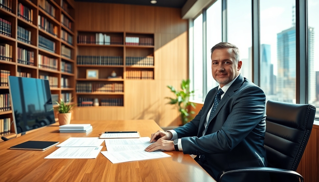 Real estate lawyer discussing legal documents in a bright office.
