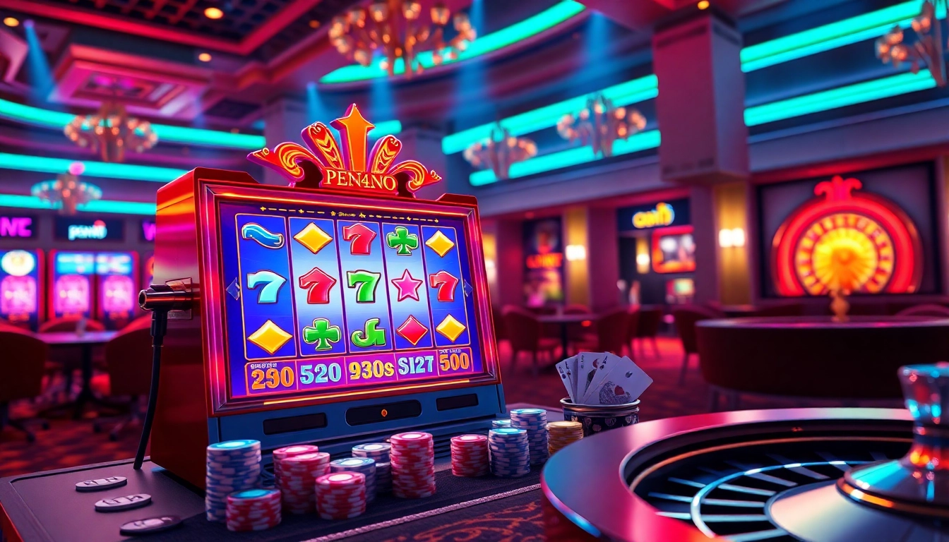 Experience the excitement of online gaming with pen4d login, showcasing vibrant slot machines and casino props.