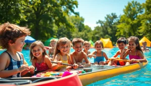 Children enjoying crafts and activities at a summer childrens camp, immersed in nature.