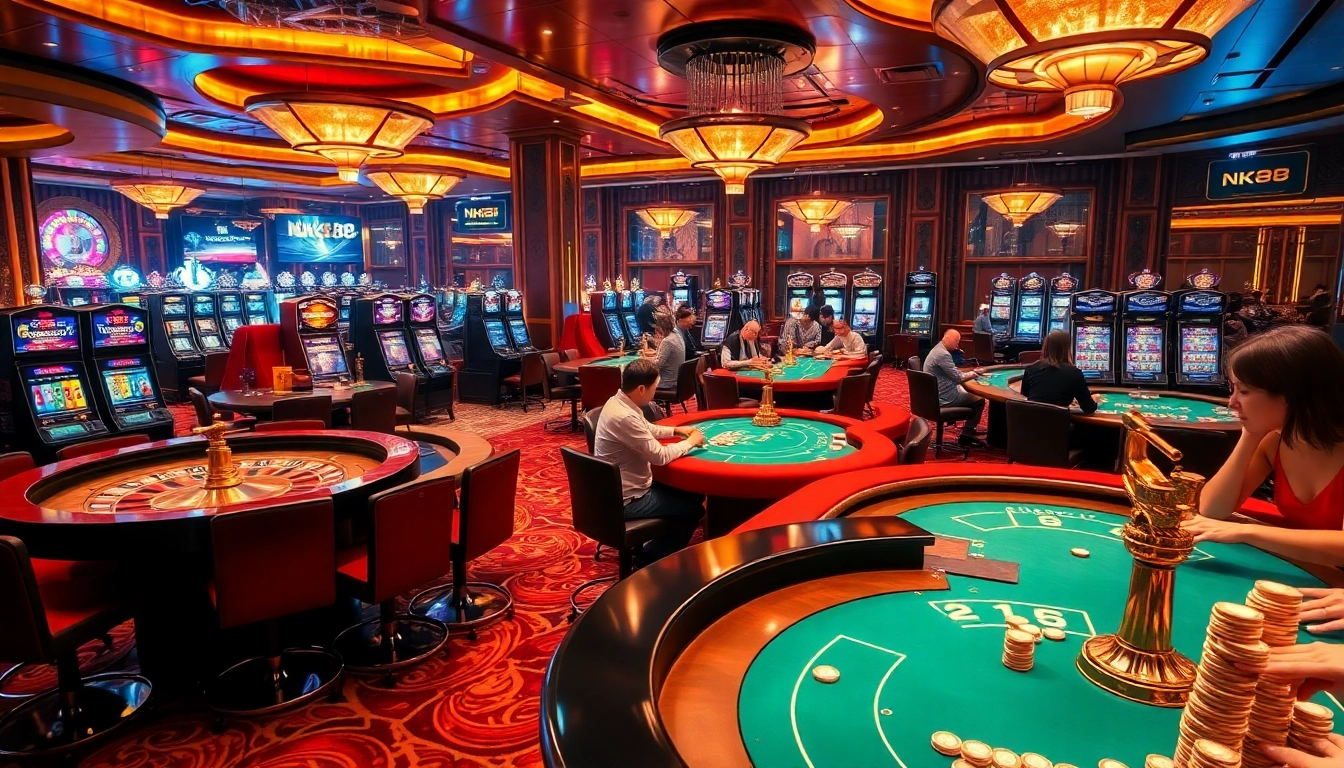 Gamblers enjoy various activities at NK88 casino, showcasing vibrant tables and slot machines.