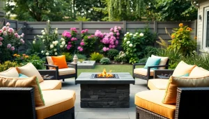View of inviting outdoor furniture surrounding a fire pit in a vibrant garden setting.