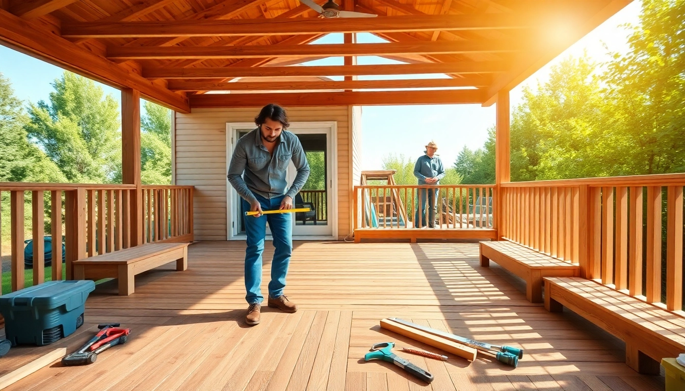 Engaging deck building process with skilled carpenter creating a stunning outdoor space.