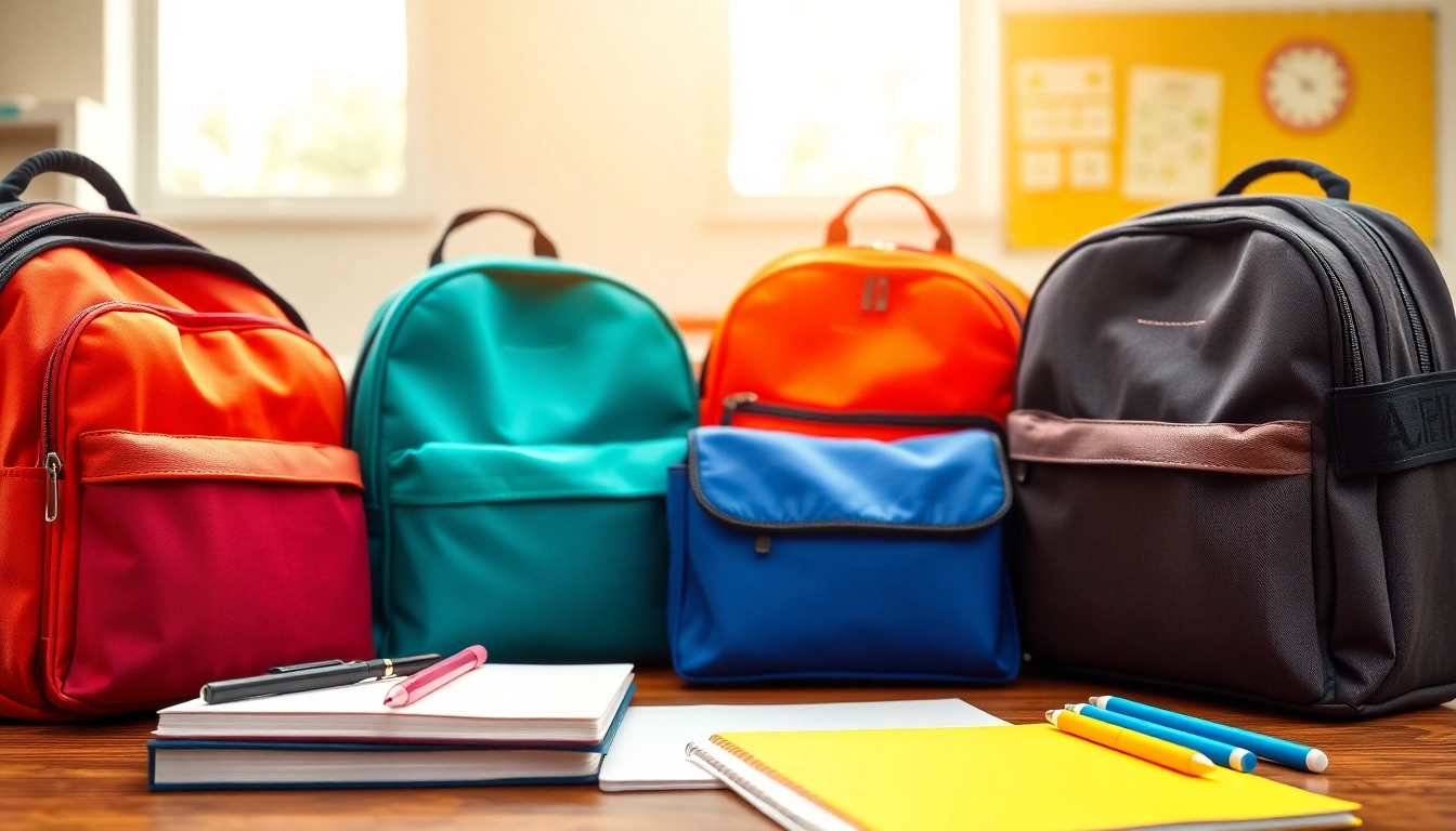 Hochwertige Handytasche Schule mit bunten Designs auf einem Schreibtisch.