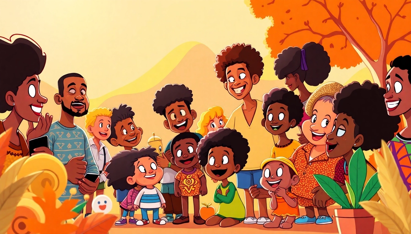 A vibrant scene of African American cartoons showcasing diverse characters in a colorful, joyful setting.