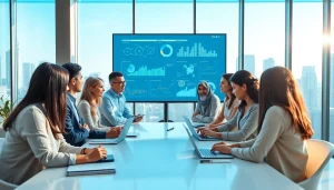 Visual representation of ai enterprise search tools enabling collaboration in a modern office.