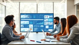 Engaging environment showcasing ai enterprise search with teams collaborating over digital interfaces.