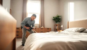 Engaging image of a bed bug exterminator milwaukee examining furniture during pest control.