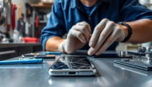 Offering cash for cracked phone as a technician repairs it in a well-organized workshop.