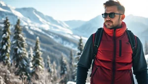 Hiker in heated vests against a snowy mountain backdrop, showcasing warmth and style.