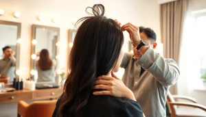 Ace of Fades 212 stylist expertly applying a hair replacement system on a client.