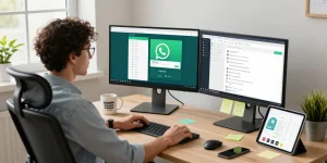 Using WhatsApp電腦版 on a modern home office setup with dual monitors and a vibrant desk atmosphere.