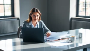Consultant reviewing grants and pre-post award compliance documents in a modern office.