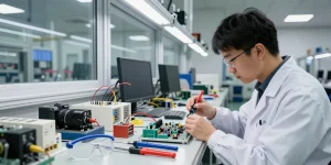 Engineer crimping connectors in a modern electronics facility, showcasing crimp connectors and tools.