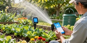 Smart sprinkler in use by gardener adjusting settings on a smartphone in a lush garden.