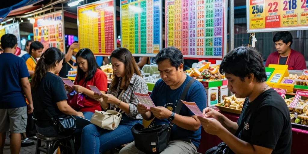 Suasana malam yang hidup di pasar togel dengan pemain mempelajari angka untung dan pola togel.