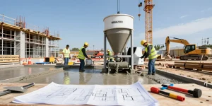 Construction workers utilizing NAGA2000 technology for concrete foundations, showcasing modern industrial practices.